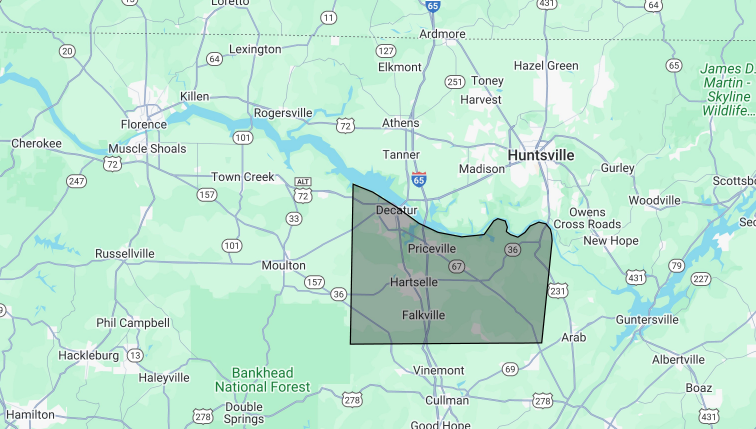Lawn care service area map — Morgan County, Alabama including Hartselle, Decatur, and Priceville